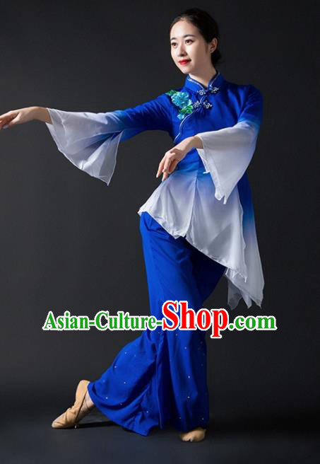 Chinese Traditional National Yangko Dance Blue Clothing Folk Dance Fan Dance Costume for Women