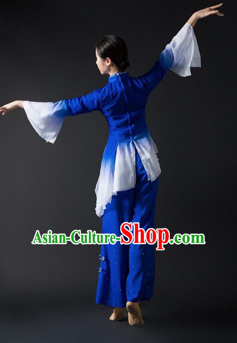 Chinese Traditional National Yangko Dance Blue Clothing Folk Dance Fan Dance Costume for Women