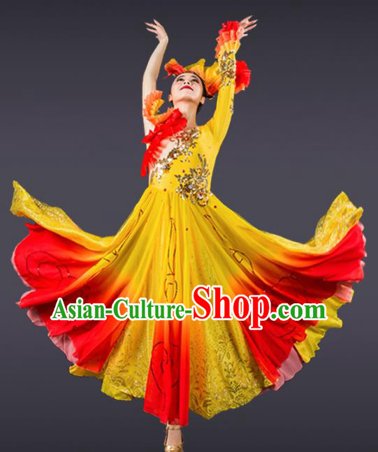 Chinese Traditional Chorus Yellow Dress Modern Dance Stage Performance Costume for Women