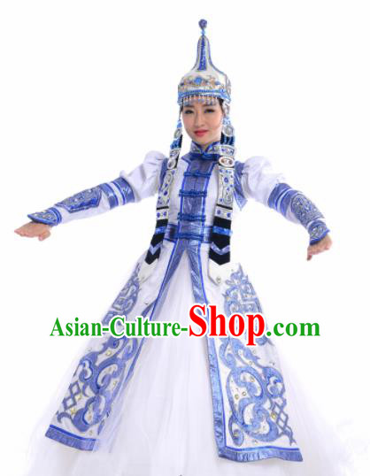 Chinese Traditional Mongol Nationality Costume Mongolian Ethnic Dance Embroidery Blue Dress for Women