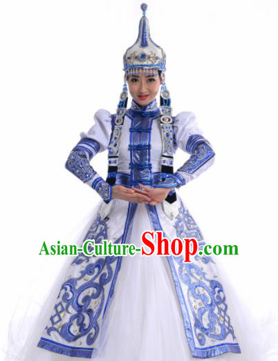 Chinese Traditional Mongol Nationality Costume Mongolian Ethnic Dance Embroidery Blue Dress for Women