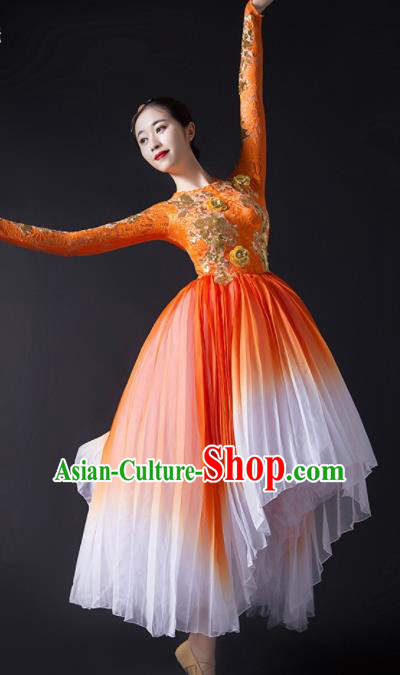 Chinese Traditional Chorus Orange Dress Modern Dance Stage Performance Costume for Women