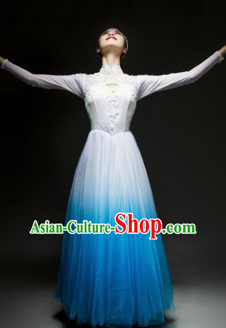 Chinese Traditional Chorus Blue Dress Modern Dance Stage Performance Costume for Women