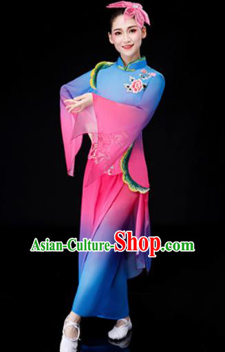 Chinese Traditional National Fan Dance Clothing Folk Dance Yangko Dance Blue Clothing for Women