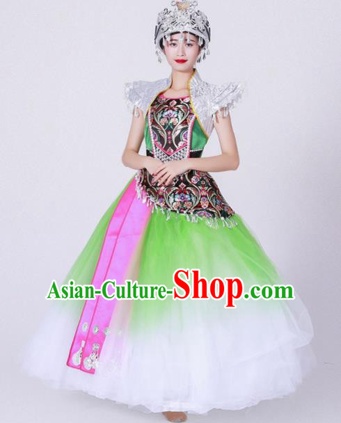 Chinese Traditional Miao Nationality Costume Hmong Ethnic Folk Dance Green Dress for Women