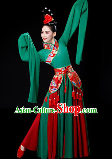 Chinese Traditional Classical Dance Water Sleeve Green Dress Umbrella Dance Stage Performance Costume for Women