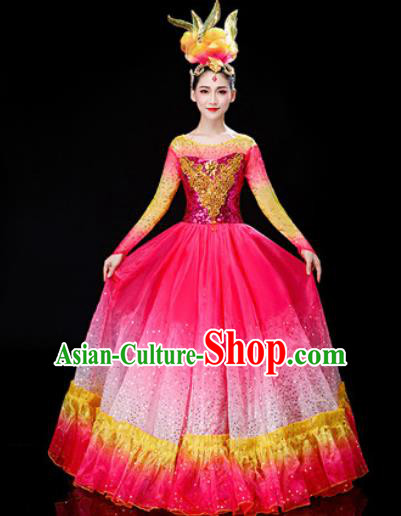 Chinese Traditional Spring Festival Gala Opening Dance Rosy Dress Peony Dance Stage Performance Costume for Women