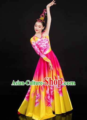 Chinese Traditional Classical Dance Printing Peony Dress Umbrella Dance Stage Performance Costume for Women