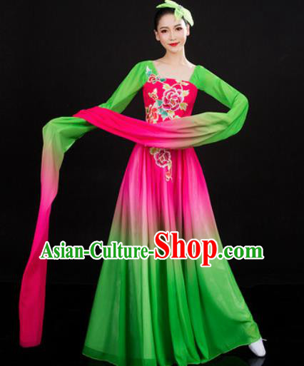 Chinese Traditional Classical Dance Printing Peony Green Dress Umbrella Dance Stage Performance Costume for Women