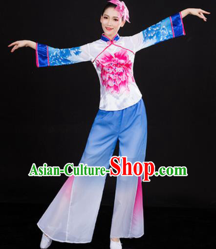 Chinese Traditional Folk Dance Blue Clothing Yangko Group Dance Stage Performance Costume for Women