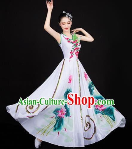 Chinese Traditional Classical Dance Printing Lotus Dress Umbrella Dance Stage Performance Costume for Women