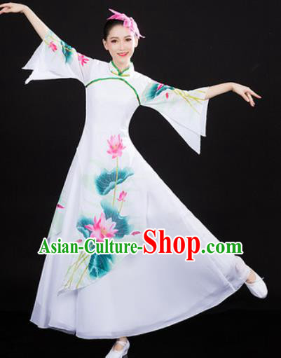 Chinese Traditional Classical Dance Printing Lotus Dress Umbrella Dance Stage Performance Costume for Women