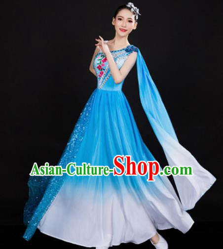 Chinese Traditional Spring Festival Gala Opening Dance Blue Dress Peony Dance Stage Performance Costume for Women