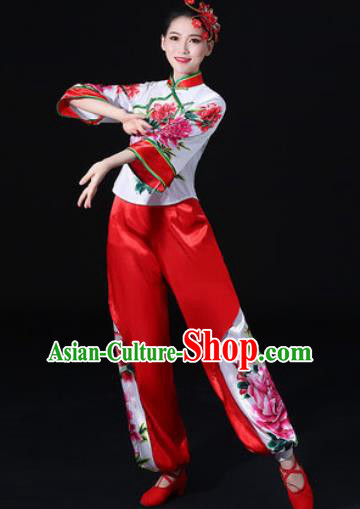 Chinese Traditional Folk Dance Printing Peony Clothing Group Yangko Dance Stage Performance Costume for Women