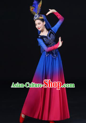 Traditional Chinese Uyghur Nationality Dance Rosy Dress Uigurian Folk Dance Ethnic Costume for Women