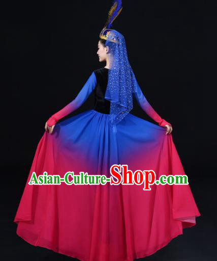 Traditional Chinese Uyghur Nationality Dance Rosy Dress Uigurian Folk Dance Ethnic Costume for Women