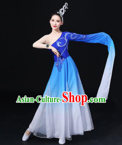 Chinese Traditional Classical Dance Blue Dress Umbrella Dance Stage Performance Costume for Women