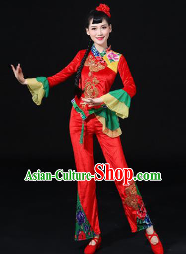 Chinese Traditional Folk Dance Fan Dance Red Clothing Group Yangko Dance Stage Performance Costume for Women