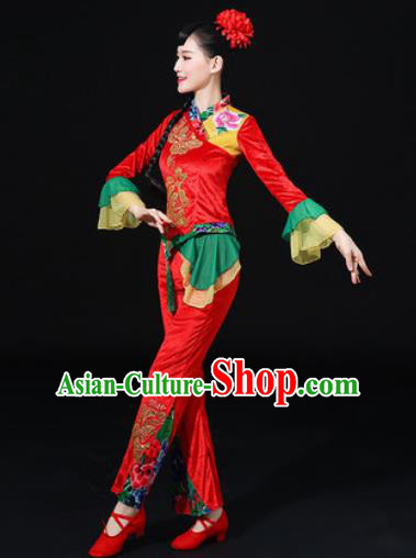 Chinese Traditional Folk Dance Fan Dance Red Clothing Group Yangko Dance Stage Performance Costume for Women