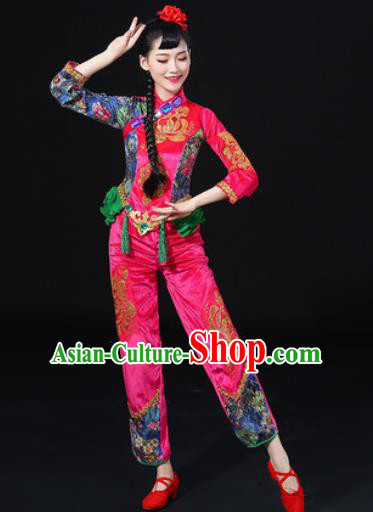 Chinese Traditional Folk Dance Fan Dance Rosy Clothing Group Yangko Dance Stage Performance Costume for Women