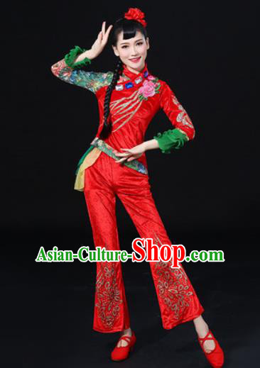 Chinese Traditional Fan Dance Red Clothing Group Yangko Dance Folk Dance Stage Performance Costume for Women