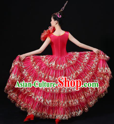 Chinese Traditional Modern Dance Rosy Dress Spring Festival Gala Opening Dance Stage Performance Costume for Women