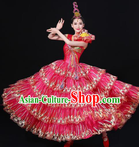 Chinese Traditional Modern Dance Rosy Dress Spring Festival Gala Opening Dance Stage Performance Costume for Women