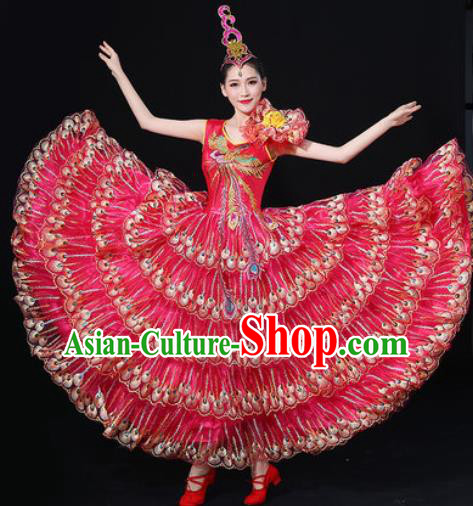 Chinese Traditional Modern Dance Rosy Dress Spring Festival Gala Opening Dance Stage Performance Costume for Women