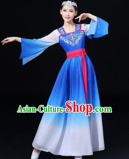 Chinese Traditional Classical Dance Blue Dress Umbrella Dance Stage Performance Costume for Women