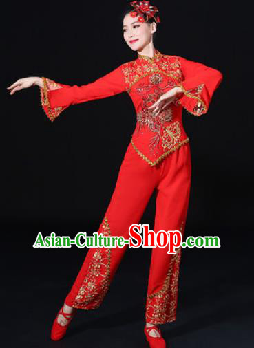 Chinese Traditional Fan Dance Red Clothing Group Yangko Dance Folk Dance Stage Performance Costume for Women