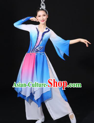 Chinese Traditional Classical Lotus Dance Blue Dress Umbrella Dance Stage Performance Costume for Women