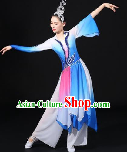 Chinese Traditional Classical Lotus Dance Blue Dress Umbrella Dance Stage Performance Costume for Women