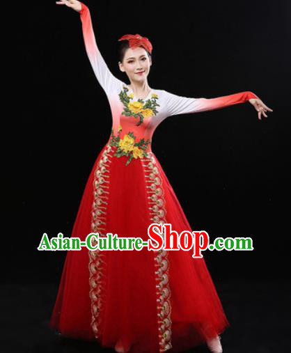 Chinese Traditional Chorus Modern Dance Red Dress Opening Dance Stage Performance Costume for Women