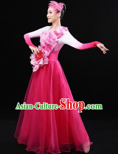 Chinese Traditional Chorus Modern Dance Pink Dress Opening Peony Dance Stage Performance Costume for Women