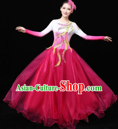 Chinese Traditional Chorus Modern Dance Rosy Veil Dress Opening Peony Dance Stage Performance Costume for Women