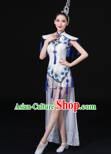 Chinese Traditional Drum Dance White Clothing Group Yangko Dance Folk Dance Stage Performance Costume for Women