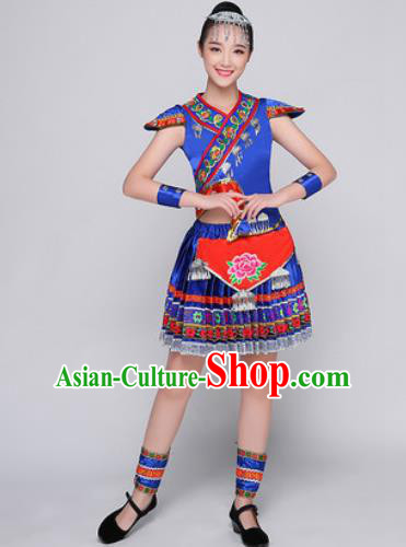 Traditional Chinese Miao Nationality Folk Dance Blue Dress Hmong National Ethnic Costume for Women