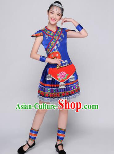 Traditional Chinese Miao Nationality Folk Dance Blue Dress Hmong National Ethnic Costume for Women