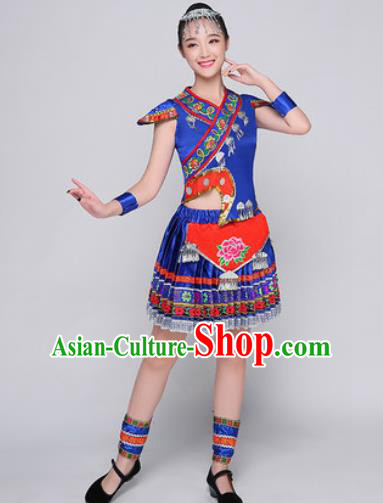 Traditional Chinese Miao Nationality Folk Dance Blue Dress Hmong National Ethnic Costume for Women