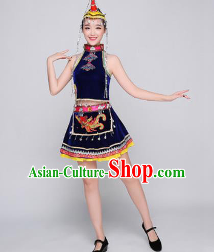 Traditional Chinese Miao Nationality Folk Dance Royal Blue Dress Hmong National Ethnic Costume for Women