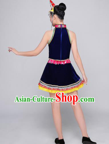 Traditional Chinese Miao Nationality Folk Dance Royal Blue Dress Hmong National Ethnic Costume for Women