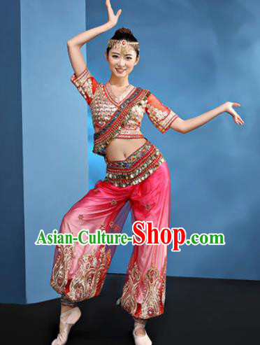 Traditional Chinese Folk Dance Stage Show Clothing Belly Dance Rosy Costume for Women