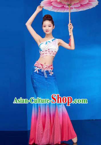 Traditional Chinese Dai Nationality Folk Dance Blue Dress National Ethnic Peacock Dance Costume for Women