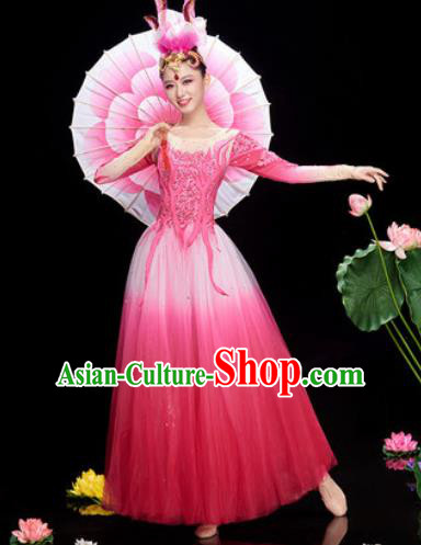 Chinese Traditional Opening Dance Rosy Veil Dress Modern Dance Chorus Stage Performance Costume for Women