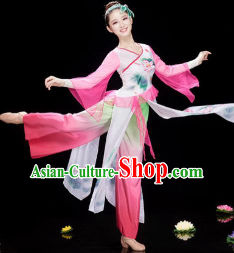 Chinese Traditional Umbrella Dance Printing Lotus Pink Dress Classical Dance Stage Performance Costume for Women