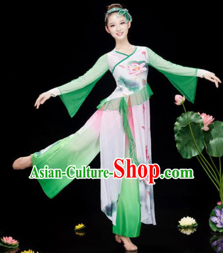 Chinese Traditional Umbrella Dance Printing Lotus Green Dress Classical Dance Stage Performance Costume for Women