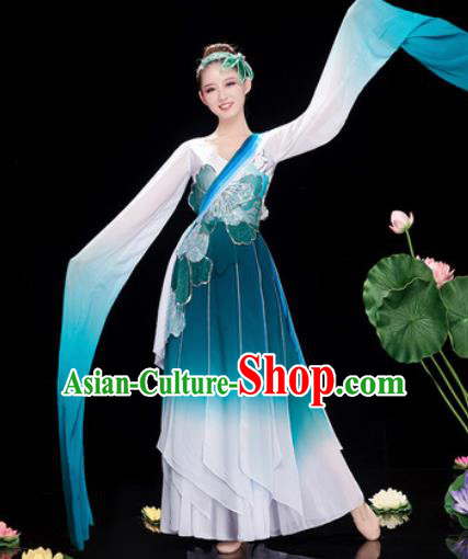 Chinese Traditional Umbrella Dance Peacock Blue Dress Classical Dance Stage Performance Costume for Women