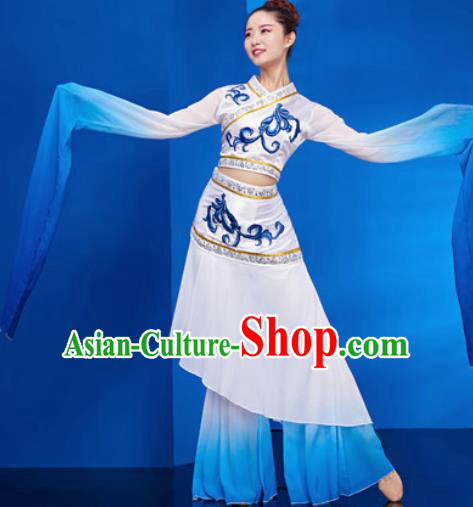 Chinese Traditional Umbrella Dance White Dress Classical Jasmine Flower Dance Stage Performance Costume for Women