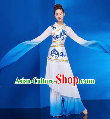 Chinese Traditional Umbrella Dance White Dress Classical Jasmine Flower Dance Stage Performance Costume for Women