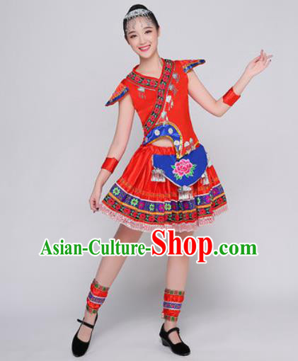 Traditional Chinese Miao Nationality Folk Dance Red Dress Hmong National Ethnic Costume for Women